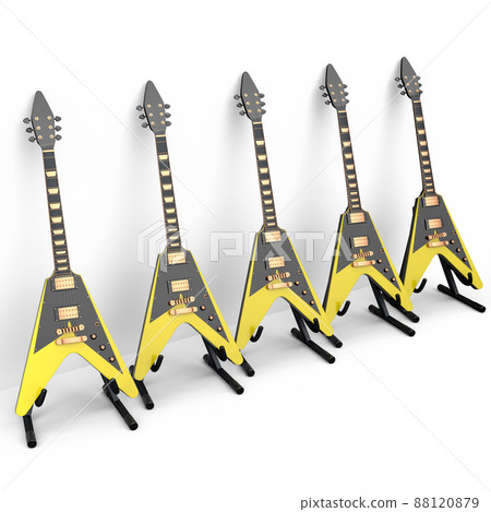 Set of electric acoustic guitar isolated on white background. 3d render of concept for rock festival poster with heavy metal guitar for music shop 88120879