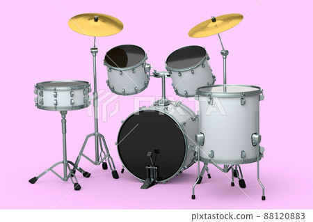 Set of realistic drums with metal cymbals on pink background. 3d render concept of musical percussion instrument, drum machine and drumset 88120883