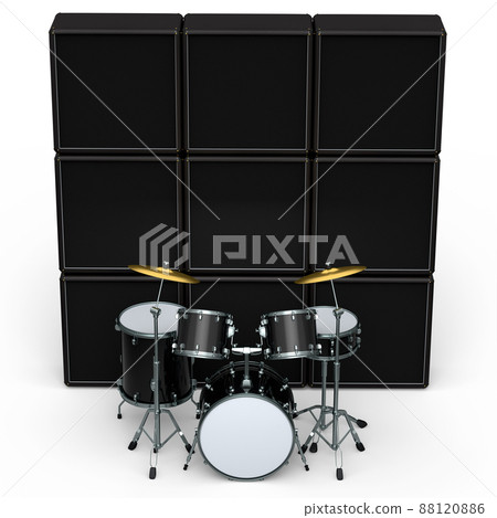 Set of realistic drums with metal cymbals or drumset and amplifier on white background. 3d render concept of musical percussion instrument, drum machine and drumset 88120886