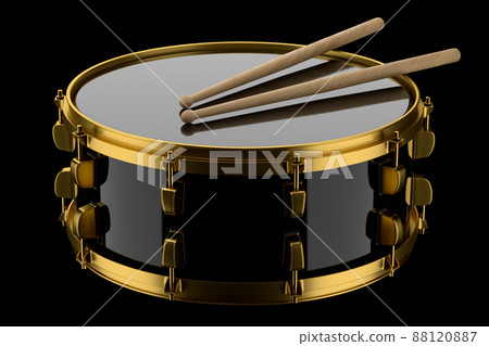 Realistic drum and wooden drum sticks on black background. 3d render concept of musical instrument, drum machine. Realistic drum and wooden drum sticks on black background. 3d render concept of musical instrument, drum machine. 88120887