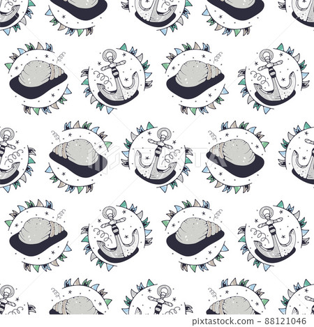 Seashell and Anchor. Seamless pattern on a white background. Cute vector illustration. 88121046
