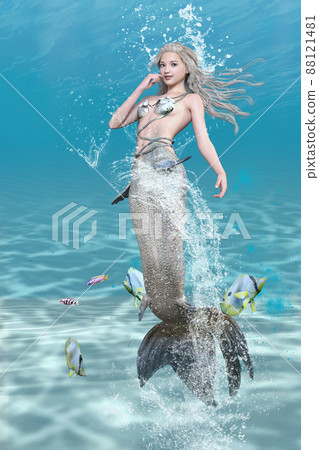 帶著可愛微笑的美人魚與魚兒一起在清澈的藍色大海中游泳,並將手放在嘴上。 帶著可愛微笑的美人魚與魚兒一起在清澈的藍色大海中游泳,並將手放在嘴上。 88121481