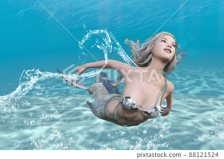 可愛的美人魚在清澈的藍色海水中涼爽地游泳，臉上帶著微笑 88121524