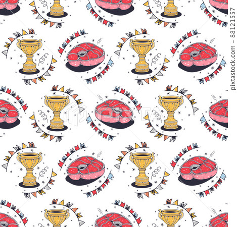 Trophy cup and Meat. Seamless pattern on a white background. Cute vector illustration. 88121557