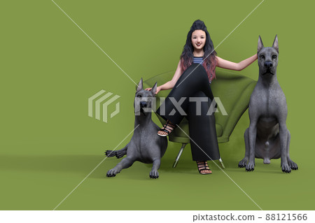 一位面帶微笑的女士面朝前方坐在綠色沙發上,輕拍兩側兩隻大丹犬的頭。 一位面帶微笑的女士面朝前方坐在綠色沙發上,輕拍兩側兩隻大丹犬的頭。 88121566