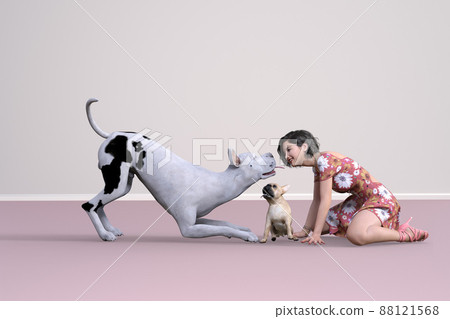 A girl wearing a black patterned Great Dane and a short hair floral dress on a large white background is facing each other 88121568