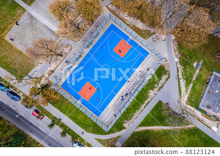 Aerial view of blue basketball court. awesom sports ground Aerial view of blue basketball court. awesom sports ground 88123124