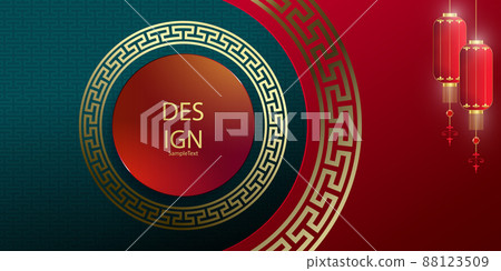 Abstract illustration with a round frame in golden hue, lanterns on pendants 88123509