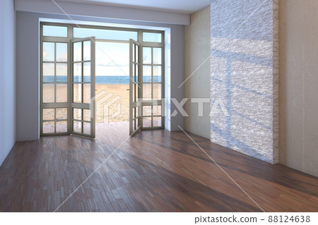 Empty Room with Sea View. Interior with Open Windows Overlooking the Ocean, Yellow Sand and the Clouds. Dark Parquet Floor and a Beige Stucco Wall with a White Brickwork. 3D Rendering, 8K Ultra HD Empty Room with Sea View. Interior with Open Windows Overlooking the Ocean, Yellow Sand and the Clouds. Dark Parquet Floor and a Beige Stucco Wall with a White Brickwork. 3D Rendering, 8K Ultra HD 88124638