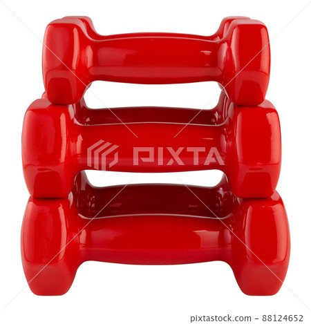 a stack of three pairs of red dumbbells of different weights, on a white background 88124652