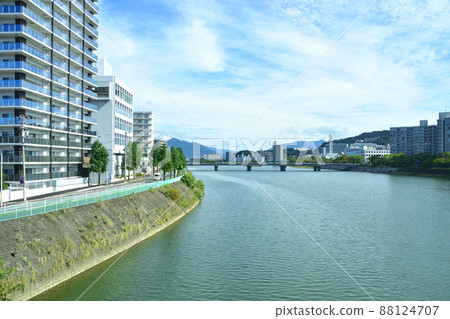 Sanyo Main Line, train window scenery from Iwakuni Station to Hiroshima Station Sanyo Main Line, train window scenery from Iwakuni Station to Hiroshima Station 88124707