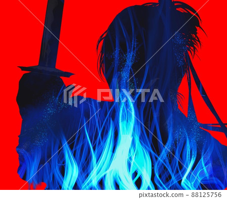 一把年輕的武士刀在燃燒的火焰和黑白剪紙之間進行戰鬥的插圖 一把年輕的武士刀在燃燒的火焰和黑白剪紙之間進行戰鬥的插圖 88125756