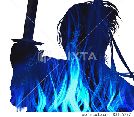 Illustration of a young samurai sword fighting a battle between burning flames and black-and-white paper-cutting Illustration of a young samurai sword fighting a battle between burning flames and black-and-white paper-cutting 88125757