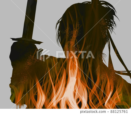 Illustration of a young samurai sword fighting a battle between burning flames and black-and-white paper-cutting 88125761