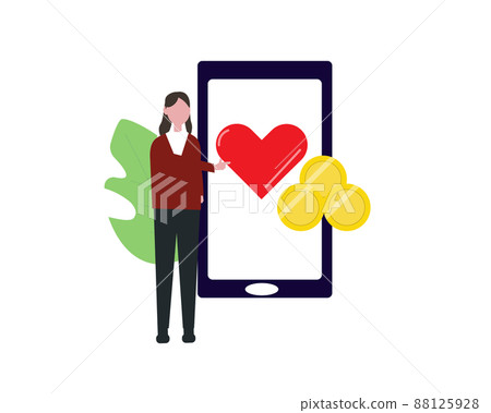 Women donating and donating Support Mobile phones, hearts and money Illustrations 88125928