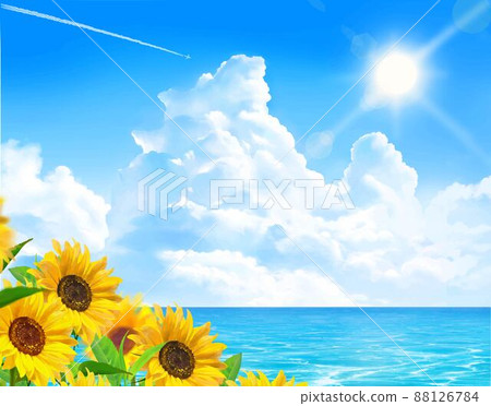 Cumulonimbus under the sun Summer image of sunflowers blooming under the blue sky of clouds, contrails and shimmering waves of the sea 88126784