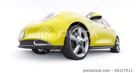 Yellow cute little electric hatchback car. 3D illustration. 88127011