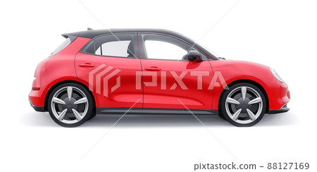 Red cute little electric hatchback car. 3D illustration. Red cute little electric hatchback car. 3D illustration. 88127169