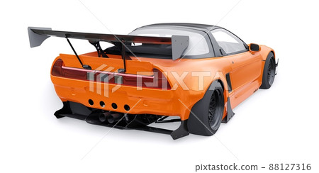 tuned sports racing car with arch extensions, air suspension and a huge spoiler. 3d rendering tuned sports racing car with arch extensions, air suspension and a huge spoiler. 3d rendering 88127316