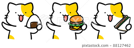 手繪風格的可愛貓角色與午餐食物的插圖 88127462
