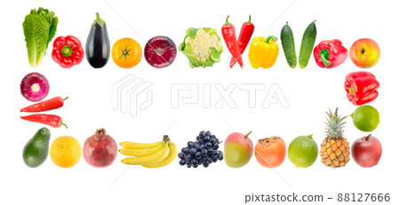 Frame from multi-colored vegetables and fruits isolated on white Frame from multi-colored vegetables and fruits isolated on white 88127666