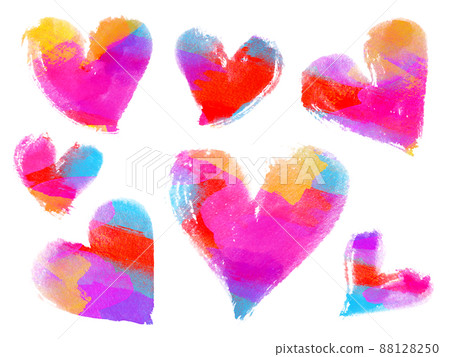 A lot of hand drawn hearts drawn with colorful color watercolor paint 88128250