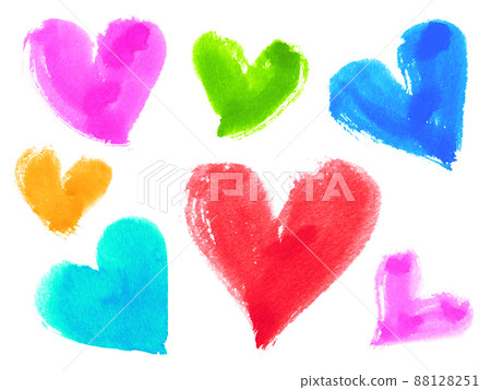 A lot of hand-drawn hearts drawn with a variety of watercolor paints 88128251
