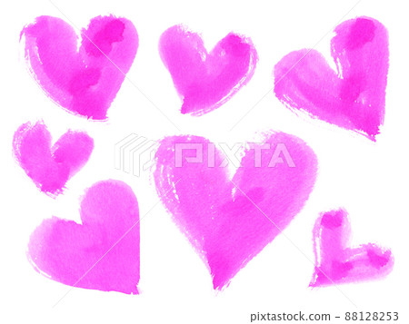 A lot of hand-painted hearts drawn with pink watercolor paint 88128253