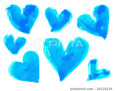 A lot of hand-painted hearts drawn with blue watercolor 88128254