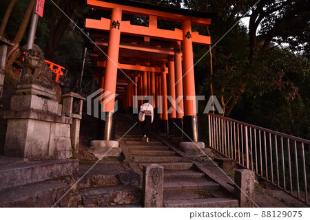 A woman walking through a series of torii gates 6 A woman walking through a series of torii gates 6 88129075