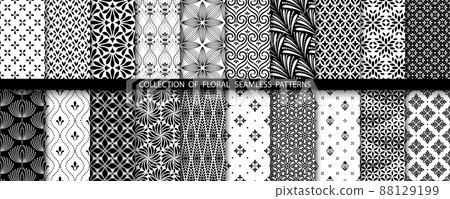 Geometric floral set of seamless patterns. White and black vector backgrounds. Simple illustrations. Geometric floral set of seamless patterns. White and black vector backgrounds. Simple illustrations. 88129199