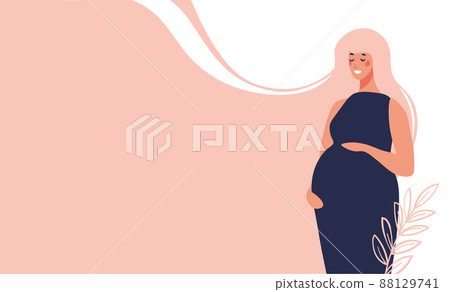 Beautiful modern young pregnant woman on a pink background. Vector concept banner about pregnancy and motherhood. Mom hugs her belly and waits for the baby to be born. 88129741