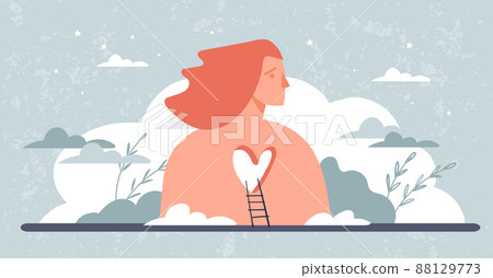 Psychological concept of mental health, trauma healing and self love. Overcoming personal problems and growing up personality. Conceptual colored flat vector illustration. Psychological concept of mental health, trauma healing and self love. Overcoming personal problems and growing up personality. Conceptual colored flat vector illustration. 88129773