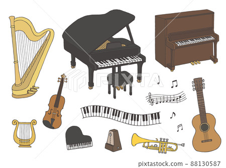 Hand-drawn illustration set of musical instruments such as piano and violin (color) 88130587