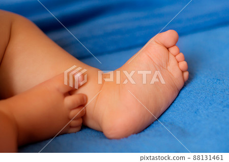 Children's legs on a blue veil close-up Children's legs on a blue veil close-up 88131461