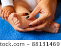Hands of mother in the form of a heart on children's legs 88131469