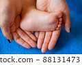Hands of mother in the form of a heart on children's legs 88131473