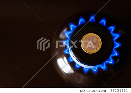 gas stove burner with one euro coin laid on top, burning natural gas with blue flame gas stove burner with one euro coin laid on top, burning natural gas with blue flame 88131511