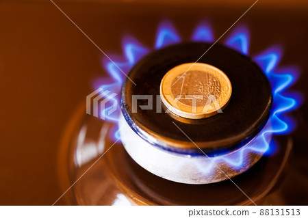 gas stove burner with one euro coin laid on top, burning natural gas with blue flame gas stove burner with one euro coin laid on top, burning natural gas with blue flame 88131513