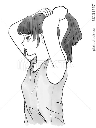 手繪水彩插圖，一個女人拿著髮帶，用嚴肅的臉把頭髮綁起來（漫畫觸摸單色） 88131867