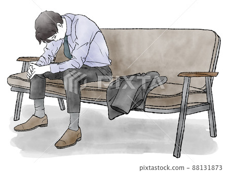 Hand-drawn watercolor illustration of a man taking off his suit jacket and looking down while sitting on a sofa 88131873