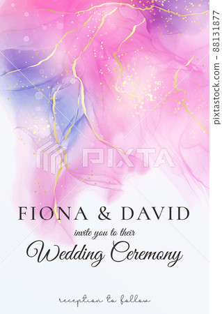 Purple rose and lavender liquid marble background with gold stripes and glitter dust. Pastel pink violet watercolor drawing effect. Vector illustration backdrop with gold splatter for wedding invite Purple rose and lavender liquid marble background with gold stripes and glitter dust. Pastel pink violet watercolor drawing effect. Vector illustration backdrop with gold splatter for wedding invite 88131877