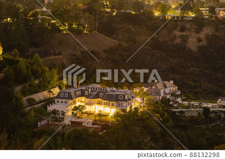 Twilight view of a beautiful mansion from Getty View Park 88132298
