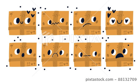 Cute box emotions. Cartoon cardboard containers characters with faces, delivery objects emojis, funny warehouse beige packaging, happy and sad, surprised and in love, mascot kit vector set Cute box emotions. Cartoon cardboard containers characters with faces, delivery objects emojis, funny warehouse beige packaging, happy and sad, surprised and in love, mascot kit vector set 88132709