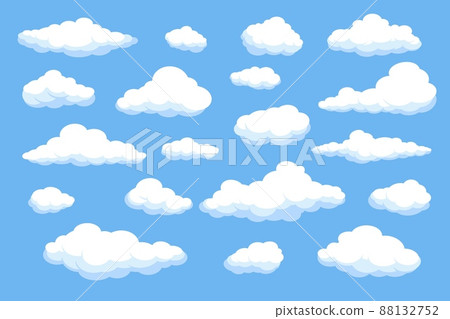 Cartoon fluffy clouds. Cumulus cloudy shapes different sizes. Rounded composite objects on blue sky. Atmospheric phenomena. Heaven evaporation. Vector cloudscape isolated elements set Cartoon fluffy clouds. Cumulus cloudy shapes different sizes. Rounded composite objects on blue sky. Atmospheric phenomena. Heaven evaporation. Vector cloudscape isolated elements set 88132752