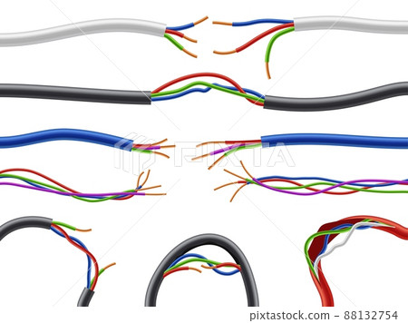 Broken electric cables. Damaged realistic power wires. Different curved flexible shapes with sticking torn connections. Uninsulated current circuit. Vector defective metal wirings set 88132754