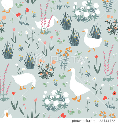 Cute seamless pattern with goose and doodle flowers. Geese in the spring garden. Vector illustration. 88133172