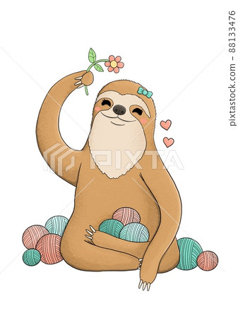 Cute sloth with flower and yarn balls 88133476