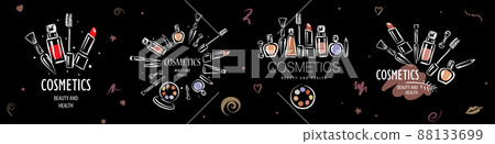 A set of vector logos of painted cosmetics on a black background A set of vector logos of painted cosmetics on a black background 88133699