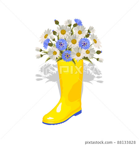 Rubber boot with a bouquet of flowers. Rubber boot with a bouquet of flowers. 88133828